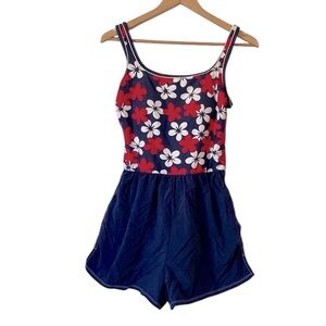 Vintage Gabar floral swim romper Swimsuit size 10 blue red